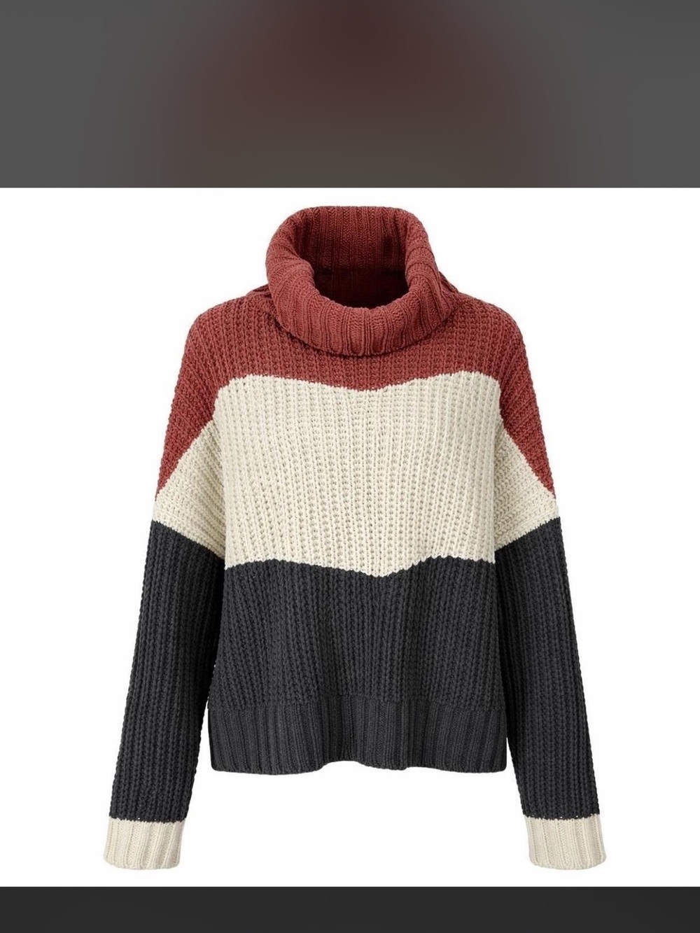 POL Colorblock Ribbed Turtleneck Sweater in Rust, Cream & Charcoal